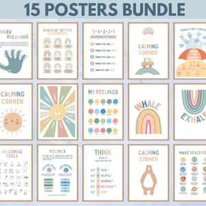 Set of 15 Calming Corner Posters, Coping Techniques Wall Art for Kids, Calm Down Skills Classroom Management Printable Cards Kit Sign Poster