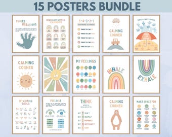 Set of 15 Calming Corner Posters, Coping Techniques Wall Art for Kids, Calm Down Skills Classroom Management Printable Cards Kit Sign Poster