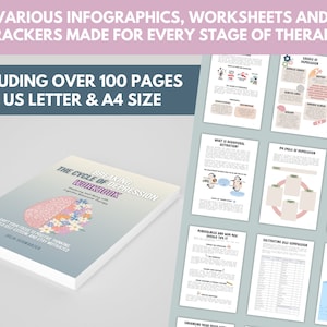 Pu&ograve; includere: Un quaderno di lavoro intitolato "Breaking the Cycle of Depression Workbook" con un'illustrazione di un cervello rosa e bianco con fiori che crescono da esso. Il testo "Making your daily life with Cognitive Behavioral Therapy" &egrave; sotto l'illustrazione del cervello. Il testo "Shift your focus to positive thinking, build self-esteem, and stay motivated" &egrave; sotto il testo. Il testo "Julia Schadler" &egrave; in fondo alla copertina.
