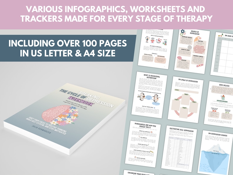 Pu&ograve; includere: Un quaderno di lavoro intitolato "Breaking the Cycle of Depression Workbook" con un'illustrazione di un cervello rosa e bianco con fiori che crescono da esso. Il testo "Making your daily life with Cognitive Behavioral Therapy" &egrave; sotto l'illustrazione del cervello. Il testo "Shift your focus to positive thinking, build self-esteem, and stay motivated" &egrave; sotto il testo. Il testo "Julia Schadler" &egrave; in fondo alla copertina.