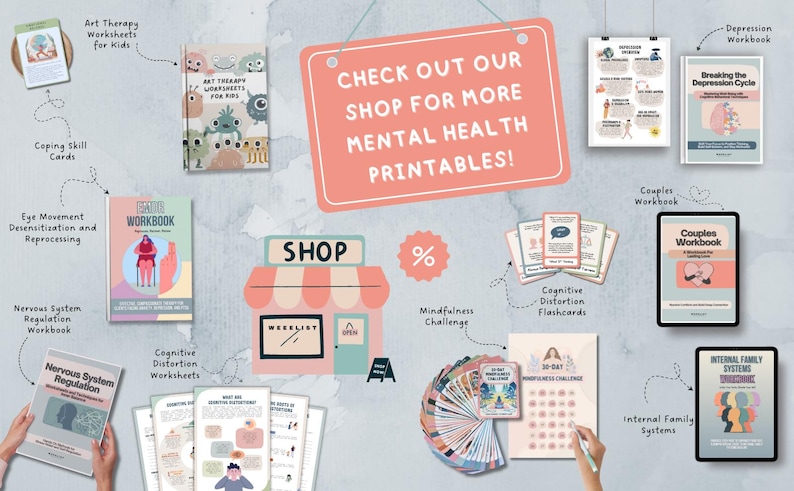 May include: A collage of printable mental health resources, including workbooks, flashcards, and challenges. The resources cover topics such as art therapy, coping skills, mindfulness, cognitive distortion, and internal family systems. The image also includes a shop sign with the word "SHOP" and a percentage sign.