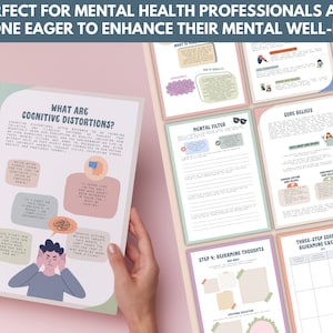 Op de afbeelding: Een printbaar werkblad met de titel "Wat zijn cognitieve vervormingen?" Het werkblad bevat een cartoonillustratie van een persoon die zijn oren bedekt met zijn handen. Het werkblad bevat een lijst met veelvoorkomende cognitieve vervormingen en voorbeelden van elk.
