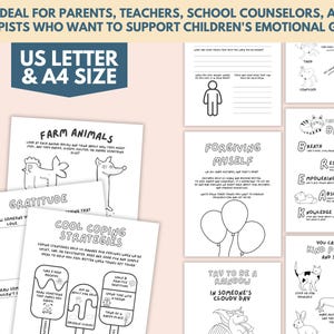 May include: Black and white printable worksheets for children featuring various coping strategies, including taking a mindful break, forgiving oneself, and practicing gratitude. The worksheets include illustrations of animals, balloons, and a rainbow.