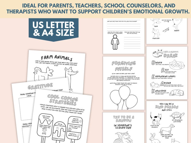 May include: Black and white printable worksheets for children featuring various coping strategies, including taking a mindful break, forgiving oneself, and practicing gratitude. The worksheets include illustrations of animals, balloons, and a rainbow.