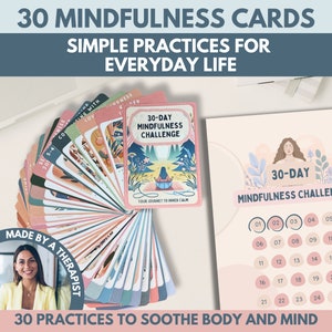 Carte di consapevolezza della sfida di 30 giorni, carte di messa a terra, flashcard, regolazione del sistema nervoso, terapia somatica, abilità di coping, gestione dell'ansia