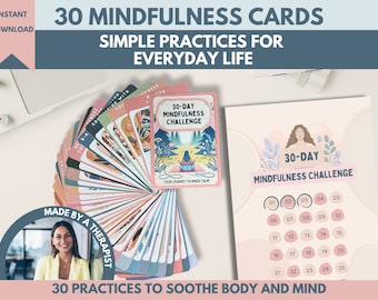 Tarjetas del reto de mindfulness de 30 días: Conexión a tierra, alivio de la ansiedad (descarga digital)
