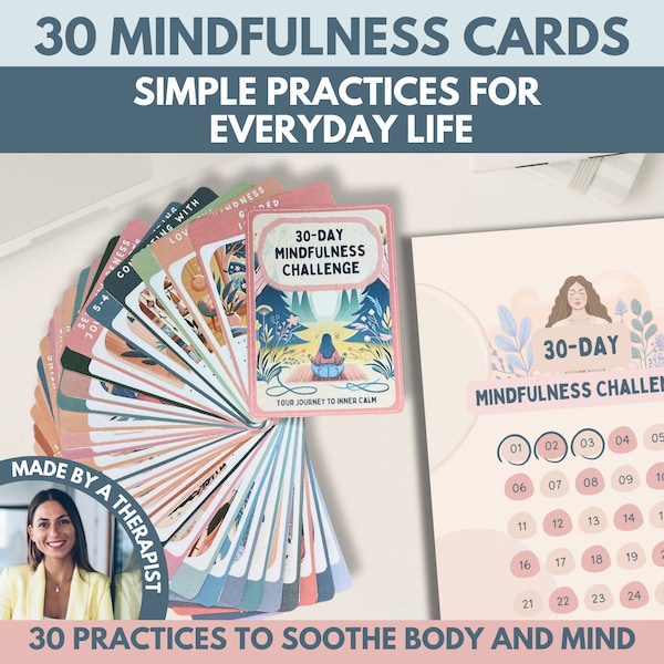 30-Day Challenge Mindfulness Cards, Grounding Cards, Flashcards, Nervous System Regulation, Somatic Therapy Coping Skills Anxiety Management