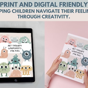 May include: A digital and printable art therapy worksheet for kids featuring colorful monsters. The worksheet is titled "Art Therapy Worksheets for Kids".