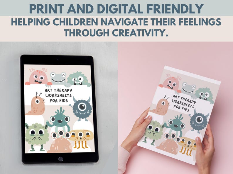 May include: A digital and printable art therapy worksheet for kids featuring colorful monsters. The worksheet is titled "Art Therapy Worksheets for Kids".