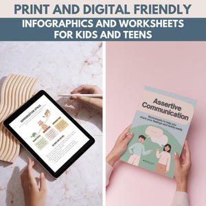 Op de afbeelding: Afbeelding met een tablet met infographics over communicatiestijlen en een boekje met de titel "Assertive Communication". De tekst luidt: "Printbare en digitale infographics en werkbladen voor kinderen en tieners."