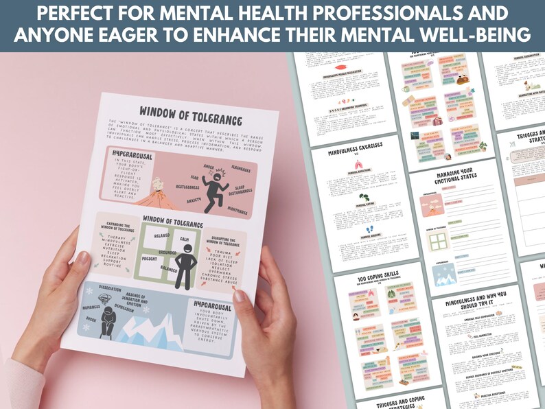 May include: A printable worksheet with the title "Window of Tolerance" and illustrations of a volcano and mountains. The worksheet includes information about hyperarousal, window of tolerance, and hypoarousal.