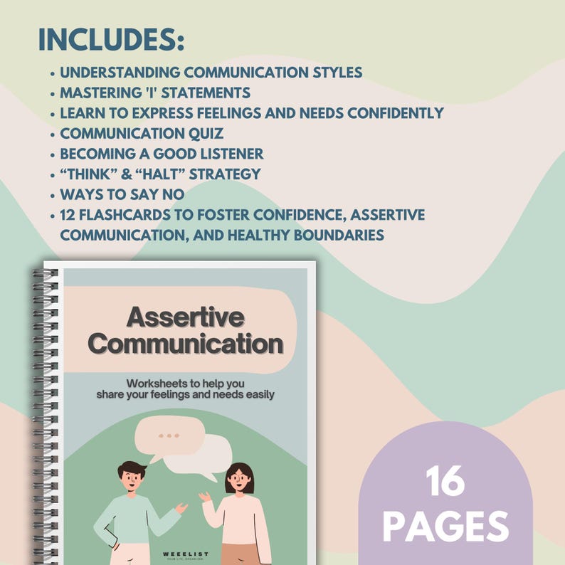 Op de afbeelding: Een spiraalgebonden werkboek getiteld "Assertive Communication" met een omslagillustratie van twee communicerende mensen. De omslag bevat ook de tekst "Worksheets to help you share your feelings and needs easily." De afbeelding bevat ook een lijst met onderwerpen en de tekst "16 PAGES."