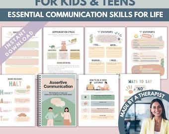 Assertive communication for kids, assertiveness teens, worksheets, workbook, flash cards, communication styles, dbt, act, therapy resource