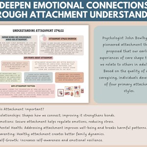 May include: A pink and beige infographic titled "Deepen Emotional Connections Through Attachment Understanding" explains the concept of attachment styles and how they impact relationships. The infographic includes text about human beings being biologically wired for attachment, attachment styles overview, key points about attachment, how attachment matters, and why attachment is important.
