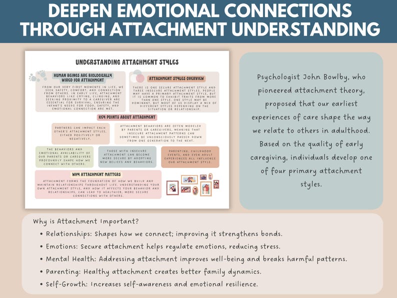 May include: A pink and beige infographic titled "Deepen Emotional Connections Through Attachment Understanding" explains the concept of attachment styles and how they impact relationships. The infographic includes text about human beings being biologically wired for attachment, attachment styles overview, key points about attachment, how attachment matters, and why attachment is important.