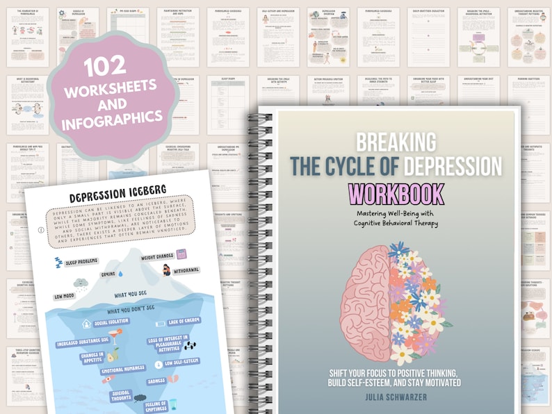 Pu&ograve; includere: Un quaderno di lavoro intitolato "Rompere il ciclo della depressione" con un'illustrazione di un cervello rosa e grigio con fiori su un lato. Il testo "Padroneggiare il benessere con la terapia cognitivo-comportamentale" si trova sotto il cervello. Il testo "Sposta la tua attenzione sul pensiero positivo, costruisci l'autostima e resta motivato" si trova sotto il titolo. Il nome dell'autore, "Julia Schwarzer", si trova in fondo alla pagina.