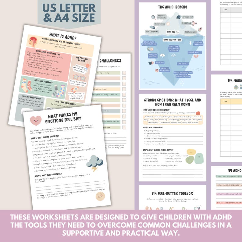 Puede incluir: Un conjunto de hojas de trabajo imprimibles para ni&ntilde;os con TDAH, con dise&ntilde;os coloridos y texto. Las hojas de trabajo cubren temas como la comprensi&oacute;n de las emociones y la gesti&oacute;n de los desaf&iacute;os. El texto incluye "US LETTER & A4 SIZE" y "WHAT IS ADHD?"