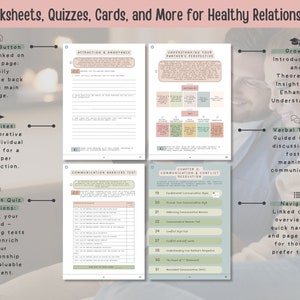 May include: A printable workbook with worksheets, quizzes, and cards for healthy relationships. The workbook features a colorful design with a couple sitting on a couch. The text on the cover reads "Worksheets, Quizzes, Cards, and More for Healthy Relationships".