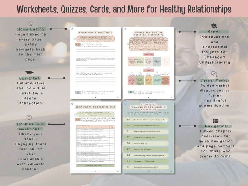May include: A printable workbook with worksheets, quizzes, and cards for healthy relationships. The workbook features a colorful design with a couple sitting on a couch. The text on the cover reads "Worksheets, Quizzes, Cards, and More for Healthy Relationships".