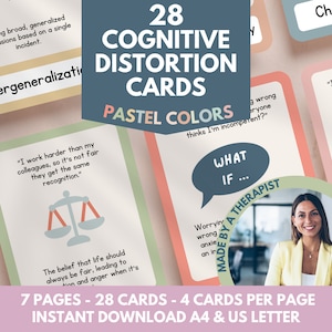 Cognitieve vervormingskaarten Flashcards, nutteloze denkfouten Cognitieve gedragstherapie, zelfhulp, copingvaardigheden CGT DGT afdrukbaar