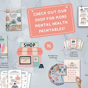 May include: A collage of printable mental health resources, including workbooks, flashcards, and challenges. The resources cover topics such as art therapy, coping skills, mindfulness, cognitive distortion, and internal family systems. The image also includes a shop sign with the word "SHOP" and a percentage sign.