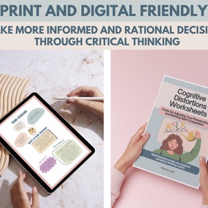 Op de afbeelding: Een digitaal en printbaar werkblad met de titel "Cognitive Distortions Worksheets" met een kleurrijke illustratie van een persoon met bloemen die uit zijn hoofd groeien en een gieter die water over de bloemen giet. De tekst onder de illustratie luidt "Tools for Adjusting Your Perspective and Building Self-Compassion". De tekst eronder luidt "Werkblad om je te helpen ongezonde denkpatronen te verkennen".
