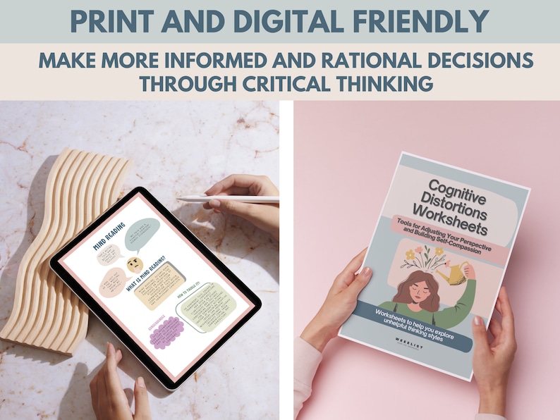 Op de afbeelding: Een digitaal en printbaar werkblad met de titel "Cognitive Distortions Worksheets" met een kleurrijke illustratie van een persoon met bloemen die uit zijn hoofd groeien en een gieter die water over de bloemen giet. De tekst onder de illustratie luidt "Tools for Adjusting Your Perspective and Building Self-Compassion". De tekst eronder luidt "Werkblad om je te helpen ongezonde denkpatronen te verkennen".