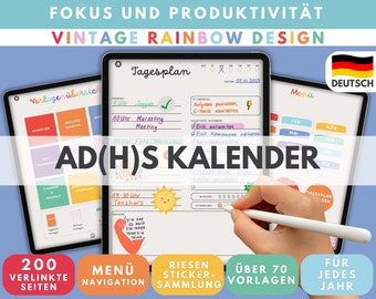 ADHS Digitaler Kalender Tagesplaner REGENBOGEN - Zeitmanagement für Erwachsene für Apple, Android - GoodNotes, Notability, Xodo, Flexcil