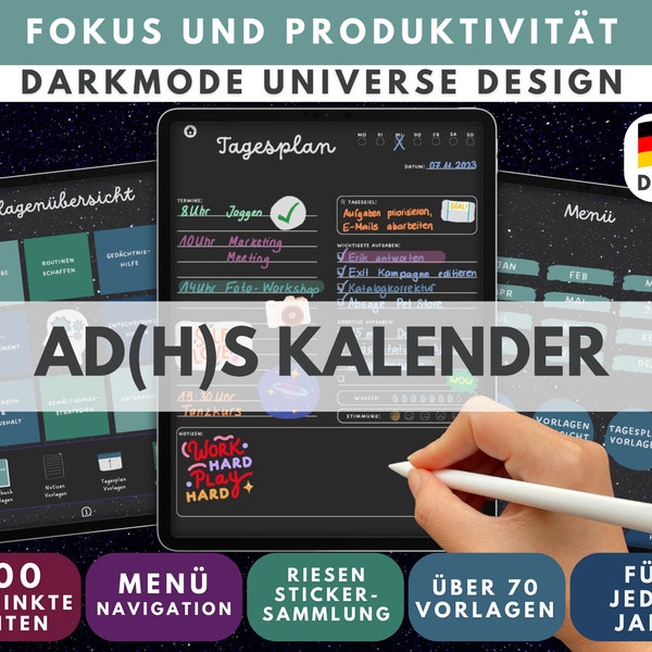 ADHS Digitaler Kalender Tagesplaner DARKMODE - Zeitmanagement für Erwachsene - Für Apple, Android - GoodNotes, Notability, Xodo, Flexcil..