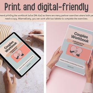 May include: A digital and printed couples workbook with a pink and blue cover featuring a cartoon illustration of two hands holding a heart. The title of the workbook is "Couples Workbook: A Workbook For Lasting Love". The text "Resolve Conflicts and Build Deep Connection" is printed at the bottom of the cover.