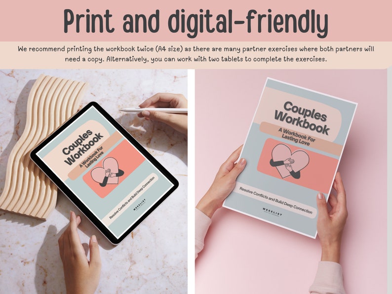 May include: A digital and printed couples workbook with a pink and blue cover featuring a cartoon illustration of two hands holding a heart. The title of the workbook is "Couples Workbook: A Workbook For Lasting Love". The text "Resolve Conflicts and Build Deep Connection" is printed at the bottom of the cover.
