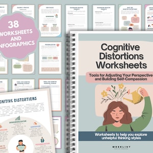 Op de afbeelding: Een roze en groene ge&iuml;llustreerde omslag voor een werkboek met de titel "Cognitive Distortions Worksheets". De omslag toont een persoon die een plant water geeft die uit zijn hoofd groeit. De tekst op de omslag luidt "Tools for Adjusting Your Perspective and Building Self-Compassion". De tekst "Worksheets to help you explore unhelpful thinking styles" is ook op de omslag te vinden.