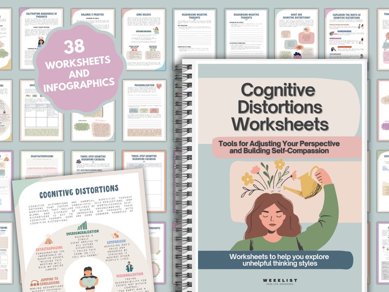 Op de afbeelding: Een roze en groene ge&iuml;llustreerde omslag voor een werkboek met de titel "Cognitive Distortions Worksheets". De omslag toont een persoon die een plant water geeft die uit zijn hoofd groeit. De tekst op de omslag luidt "Tools for Adjusting Your Perspective and Building Self-Compassion". De tekst "Worksheets to help you explore unhelpful thinking styles" is ook op de omslag te vinden.