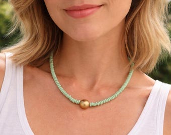 Light Green Beaded Statement Necklace: Java Glass Beads, Wooden Gold Color Pendant