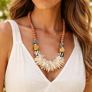 Orange Black White Handmade Beaded Statement Necklace