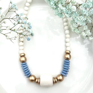Beaded Statement Necklace: Bone Bead, Carolina Blue Recycled Glass