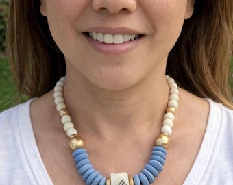 Blue Beaded Statement Necklace, Bone, Ashanti Glass, Boho Artisan Jewelry, Easter gift