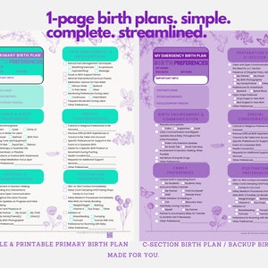 包括的な出産計画テンプレート + 帝王切開 C セクション計画 - Canva、PDF - 美しく詳細な 1 ページの計画 - 病院バッグ用、ドゥーラ作成