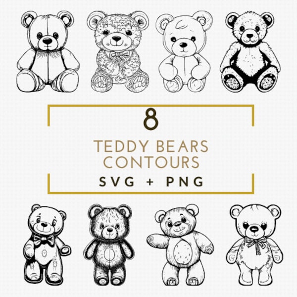 8 Teddy Bears Contours SVG + PNG | Black and White Graphics | Commercial Use