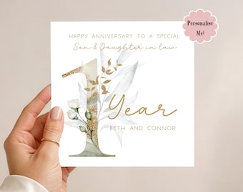 Personalised 1st Anniversary Card: Gold Botanical, Son & Daughter-in-Law