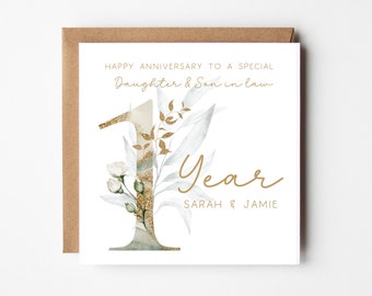 Daughter & Son in law 1st Year Anniversary Card Personalised - One Year - Paper Anniversary - Gold Botanical