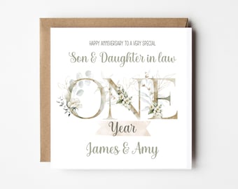 Son & Daughter in law 1st Year Anniversary Card Personalised - One Year - Paper Anniversary - Gold Botanical