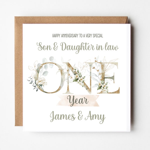 Son & Daughter in law 1st Year Anniversary Card Personalised - One Year - Paper Anniversary - Gold Botanical