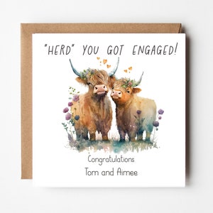 Personalised Highland Cow Couple Engagement Card Greeting Card 6x6 Square Congratulations Scottish "Herd you got engaged"