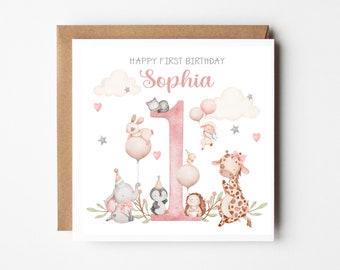 Personalised 1st Birthday Card for Granddaughter Niece Daughter Goddaughter Little Girl - Baby Animals - Personalised with Name
