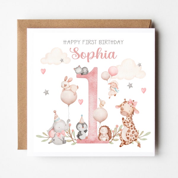 Personalised 1st Birthday Card for Granddaughter Niece Daughter Goddaughter Little Girl - Baby Animals - Personalised with Name