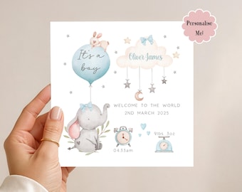 Personalised New Baby Boy Card: Welcome to the World, Elephant Design