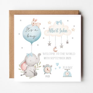 New Baby Boy Card -Welcome to the World - Personalised - Congratulations - New Baby Card -  Birth Details - Baby Blue Elephant