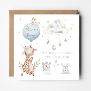 New Baby Boy Card -Welcome to the World - Personalised - Congratulations - New Baby Card -  Birth Details - Baby Blue Giraffe