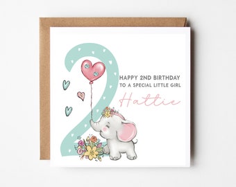 Personalised 2nd Birthday Card for Granddaughter Niece Daughter Goddaughter Little Girl - Baby Elephant - Personalised with Name